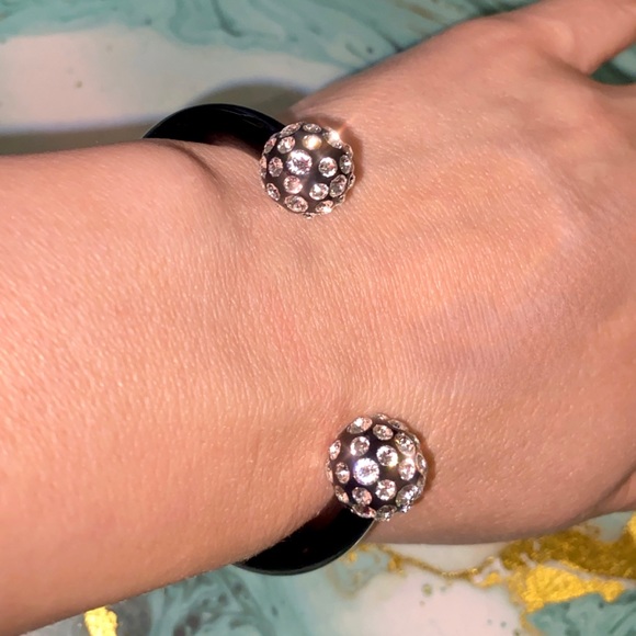 Trendy Black Acrylic Cuff Bracelet, Double Ball End Crystal Rhinestone Cuff, New - Picture 3 of 8